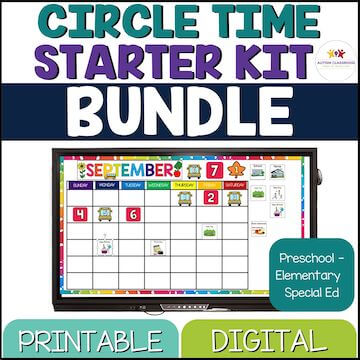 Circle Time Starter Kit Bundle: Includes Printable and Digital. For Preschool and Elementary Special ed. Pictured a calendar board on an interactive whiteboard