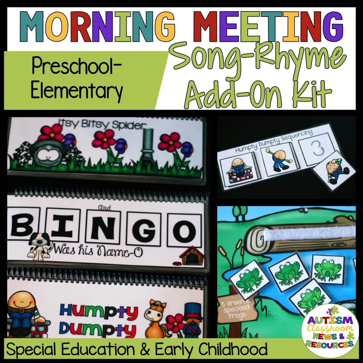 Morning meeting songs and rhymes add on lincludes bingo, humpty dumpty and others all with visuals for choice boards and to use during the group.